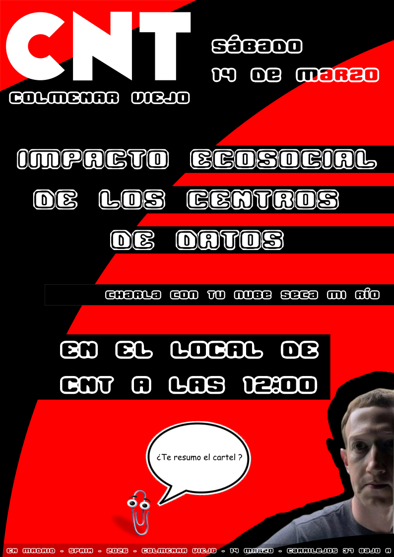 Charla en la CNT de Colmenar Viejo – Impacto ecosocial de los centros de datos – 14 de Marzo